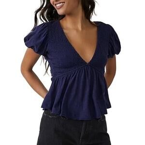 [Free People] Blue Charlotte V-Neck Smocked Open Back Top Puff Sleeves Sz Small